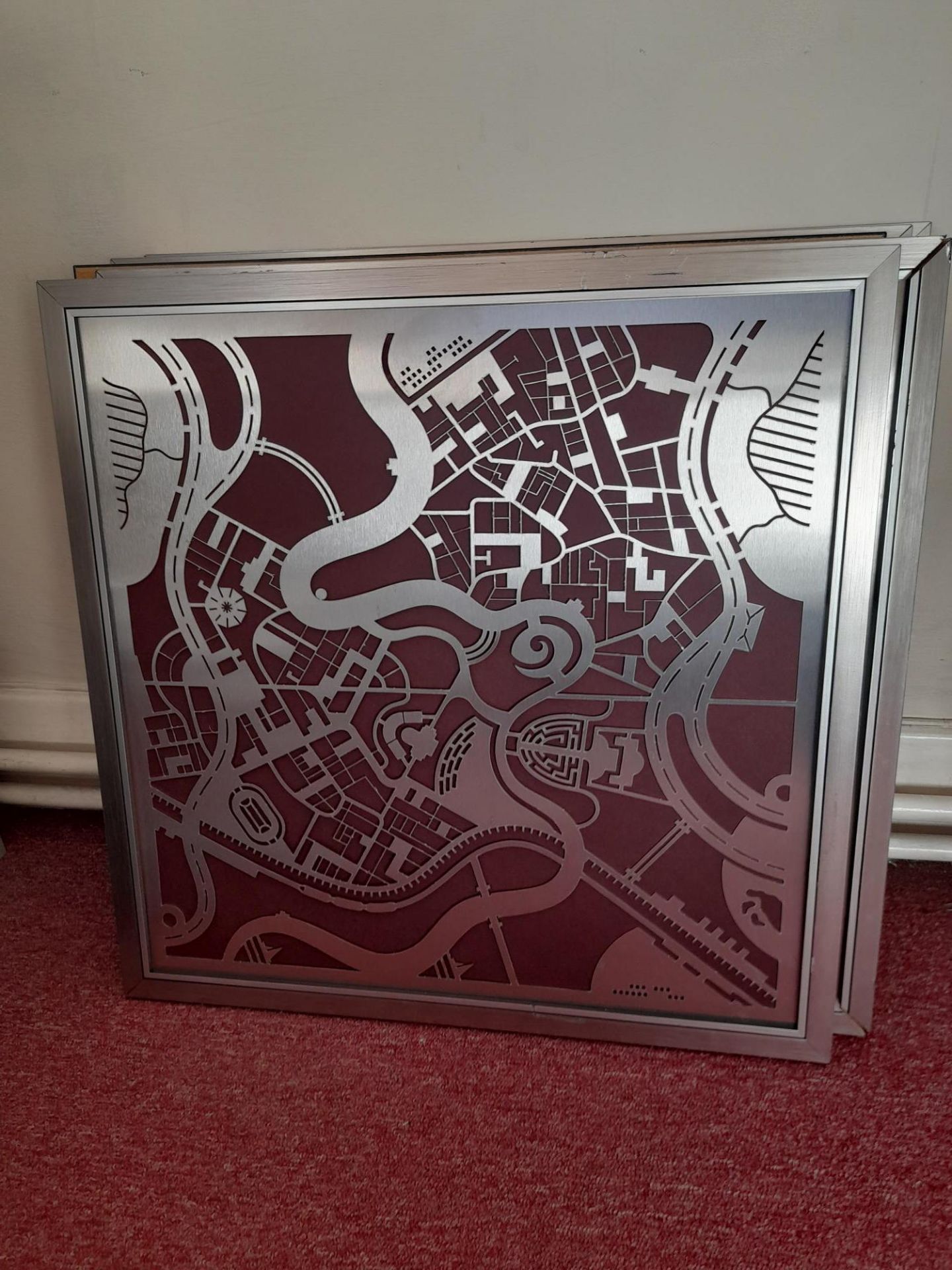 Collection of 6 framed, stylised, laser cut stainless steel maps/artwork (Label to rear noting Hisco - Image 5 of 7