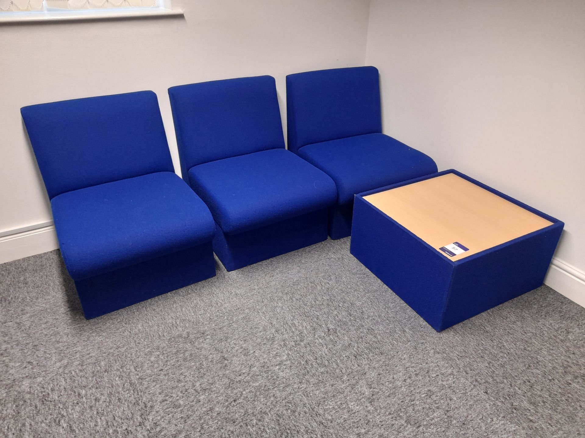 3 – Blue reception chairs, with 1 – matching coffe