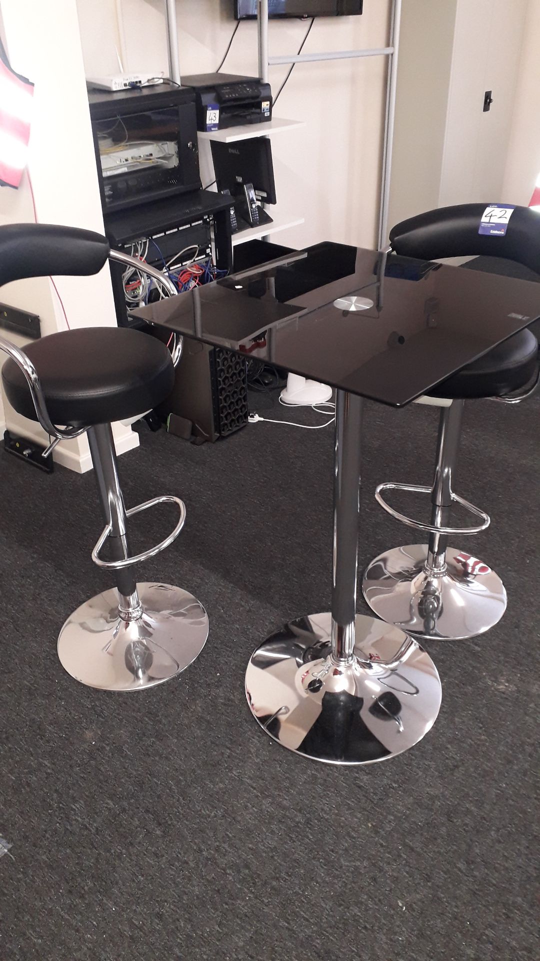 Glass Topped Chrome Framed Bar Table with 2 x Gas Lift Bar Stools - Image 2 of 3