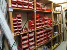 3 Bays of Wooden Shelving Units and Contents including hole saws, drill bits, driver bits etc