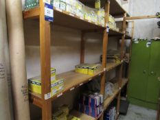3 Bays of Wooden Shelving Units and Contents including cable clips, pop rivets, glass paper etc