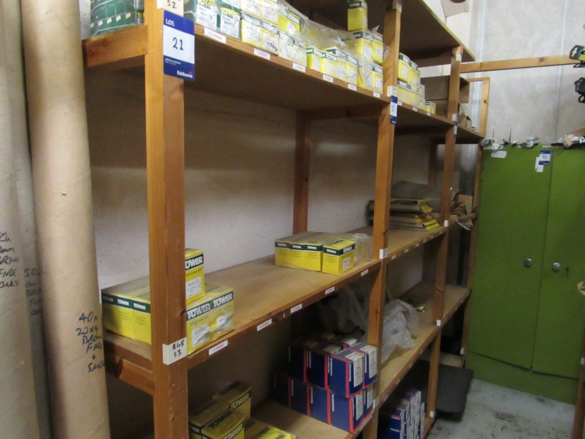 3 Bays of Wooden Shelving Units and Contents including cable clips, pop rivets, glass paper etc