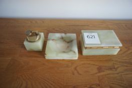 Vintage Green Onyx smokers set comprising of ashtray, lighter and cigarette box