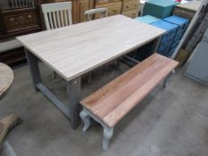 Wooden effect dining table, a bench and two chairs