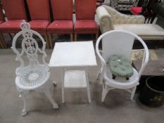 Painted wicker chair and table togther with metal chair