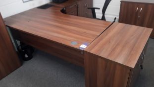 Radial Desk with Pedestal, 3 Low Cupboards, 2 Cupboards with shelf over & Office Chair – (Located on