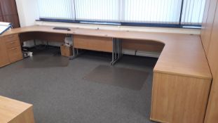 2 Radial Workstations with 2 desk high Pedestals & Cupboards & Side Table – (Located on First