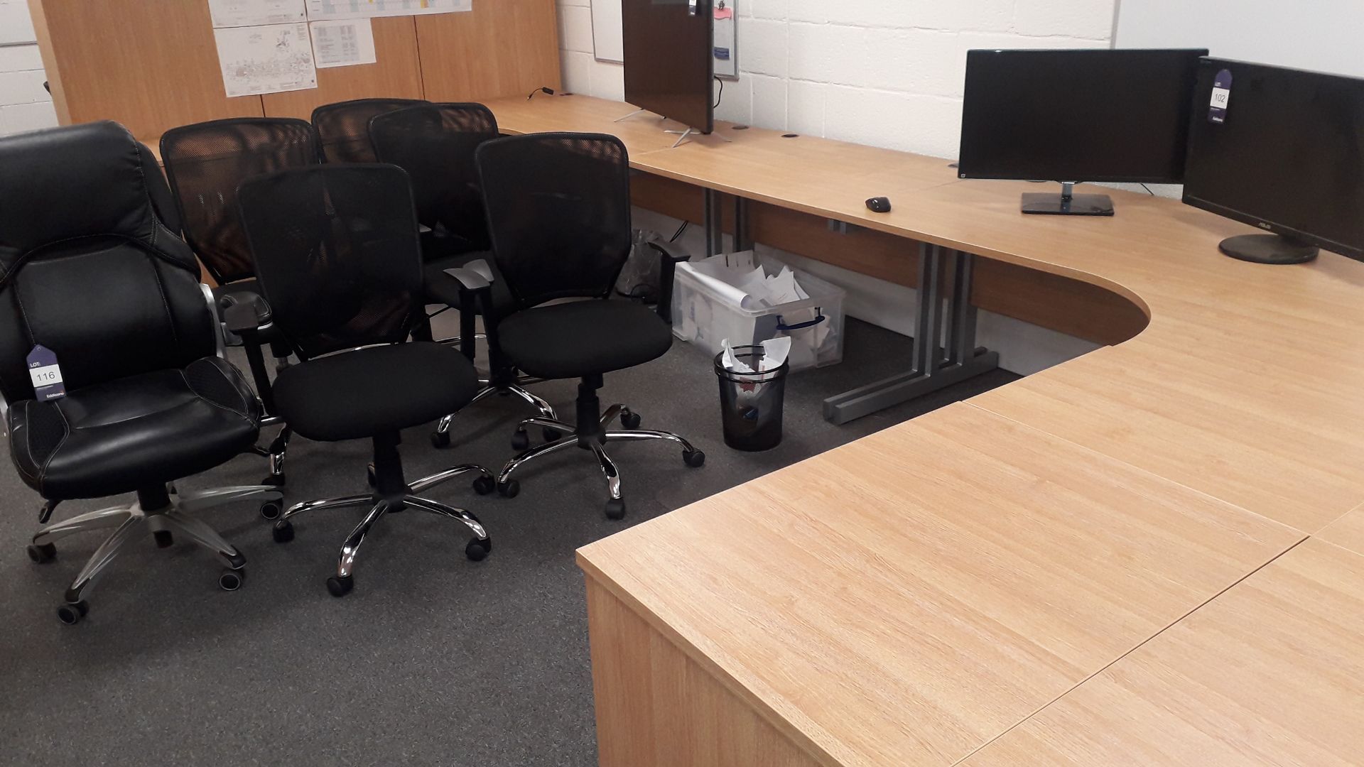 2 Radial Workstations with 2 desk high Pedestals & Cupboards & Side Table – (Located on First