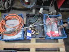 Welding equipment including gloves, gauges, clips, also three headed torch