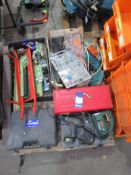 Pallet of battery and 240v power tools, toolbox, drill bits etc