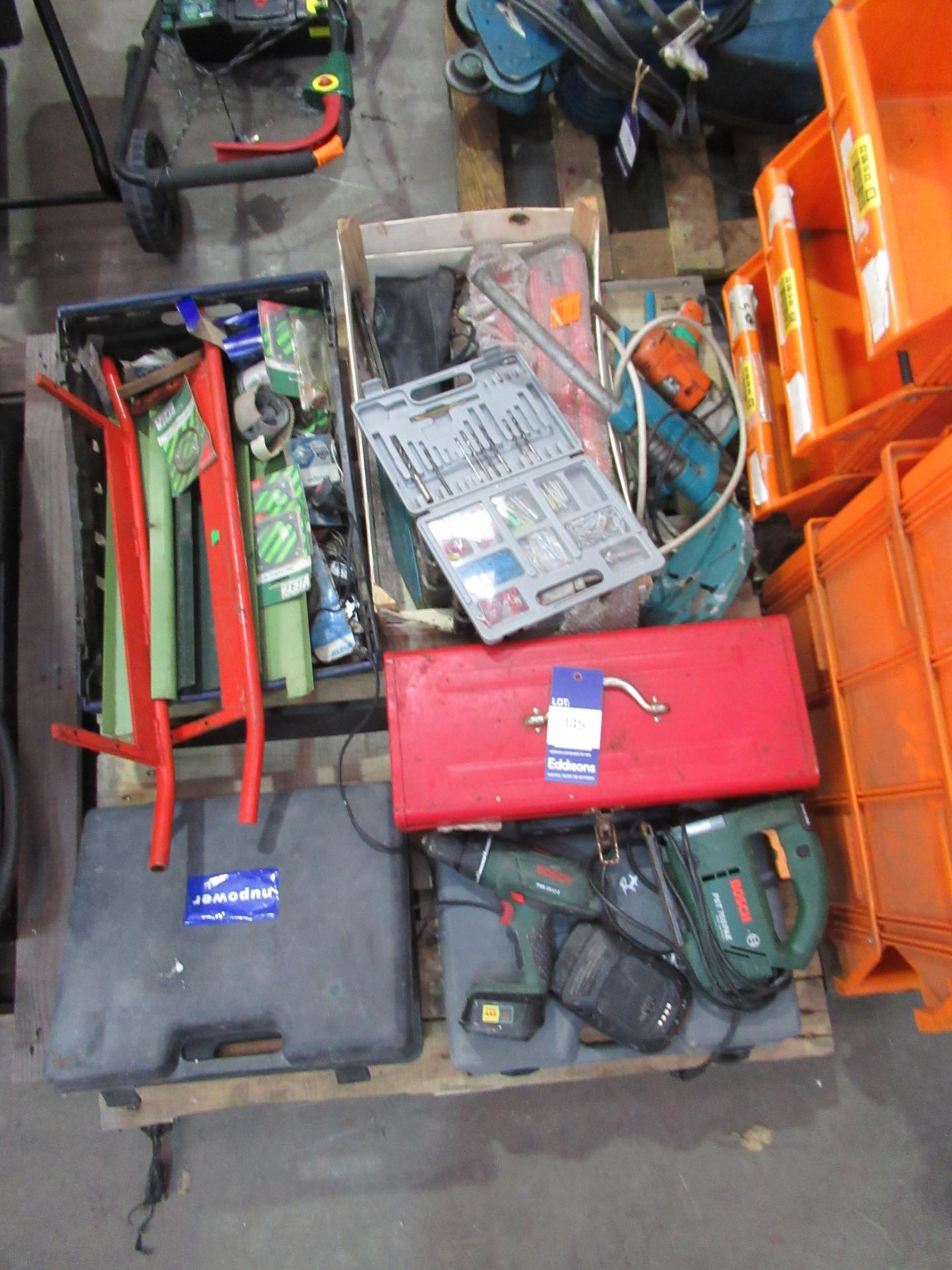 Pallet of battery and 240v power tools, toolbox, drill bits etc