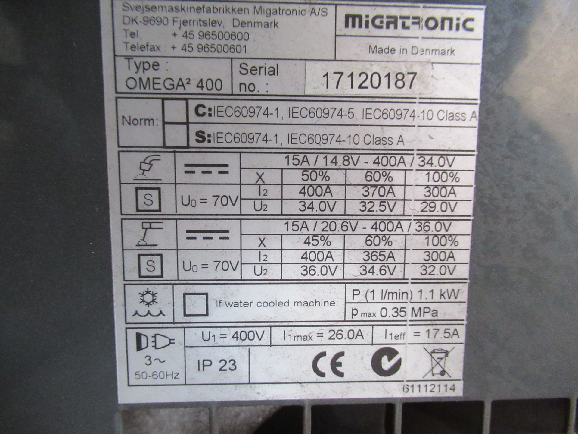 Migatronic Omega 400 welding unit. Type MWF27 and Type Omega2 400 - Image 6 of 6