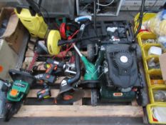 Pallet of battery powered handtools, Karcher pressure washer, Webb petrol lawnmower etc