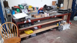 Steel fabricated heavy duty engineers bench (Approximately 3,000 x 1,200), with 2 x various vices