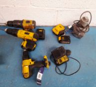 3 x Various Dewalt cordless drills, with 4 x batteries, charger, and Titan electric drill bit