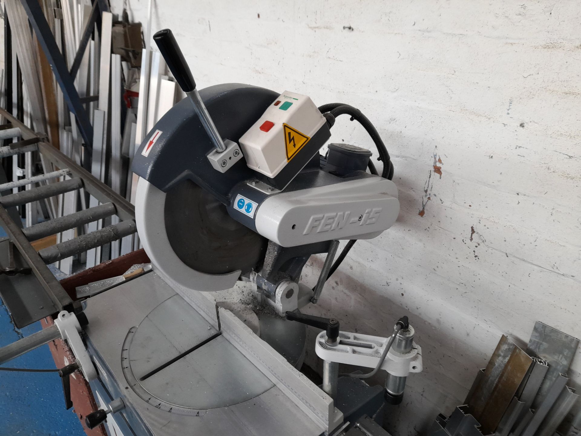 Fen-is FN400P mitre saw machine (Year 2019, Serial Number 320047, 380V), with roller conveyor. * - Image 4 of 6