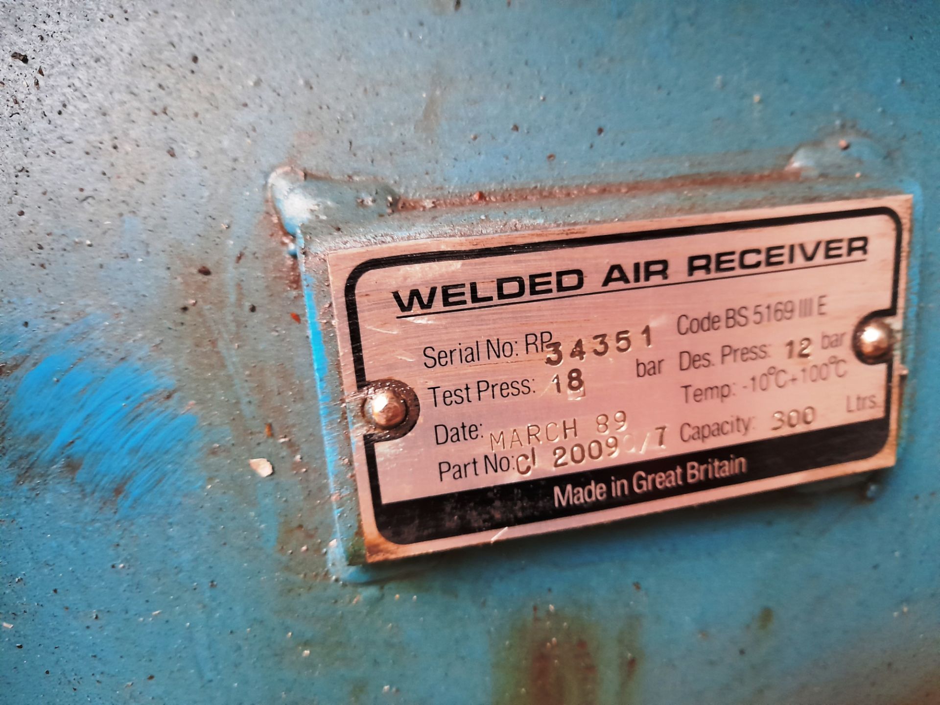 Broom Wade CompAir 2000 300L welded air receive (Year 1989, Serial Number 34351) - Image 3 of 3