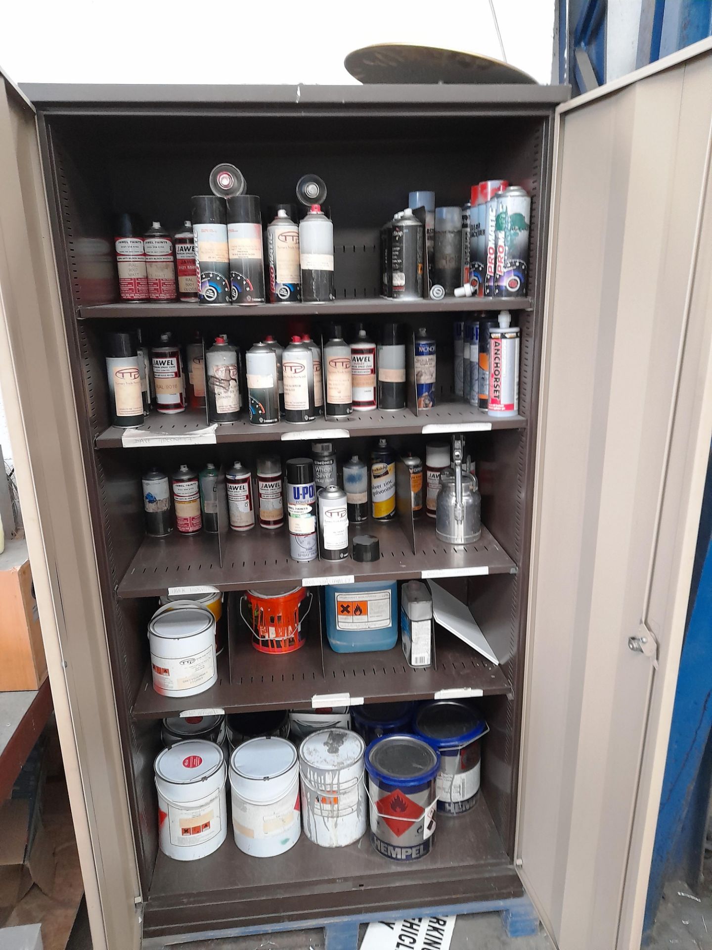 Double door cabinet and contents, to include various spray paints, and tin paints - Image 2 of 2