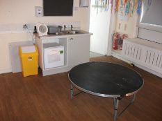Contents to room inc Circular table, small fridge, 3 drawer filing cabinet, Epson Ceiling mounted