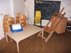 Contents to room including small wooden chairs, 6 Yellow chairs, easel, plastic trays and storage
