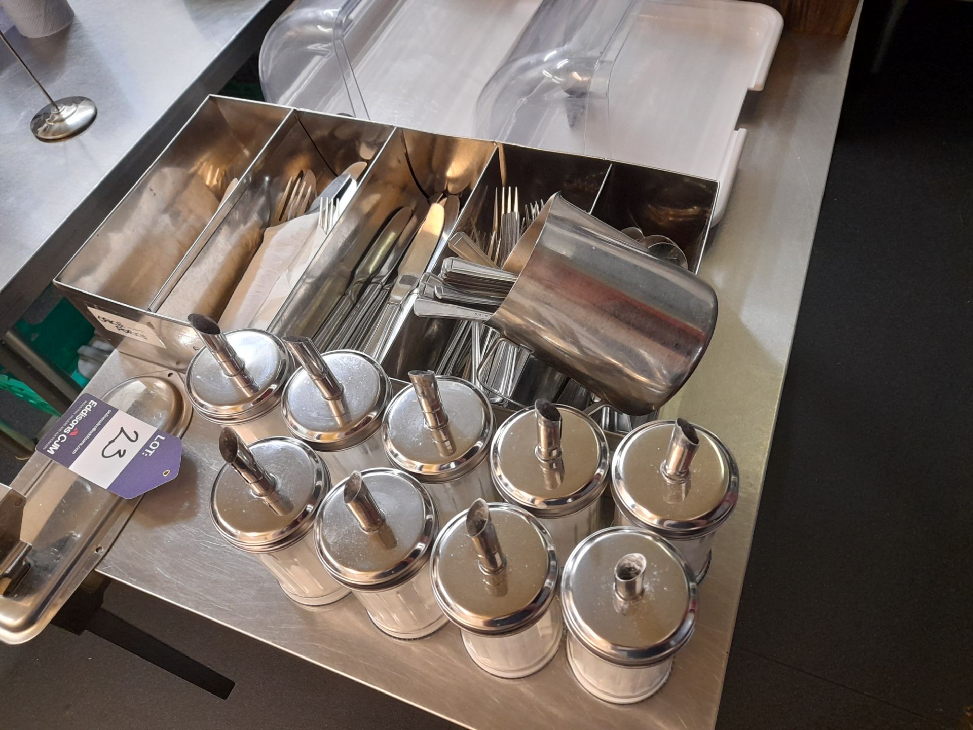 Assortment of catering sundries, to include cutlery holders, condiment holders, serving trays, etc - Image 2 of 4