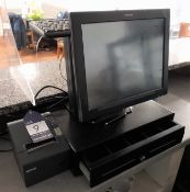 Till system, comprising Toshiba POS terminal, cash register drawer, and Epson M129H receipt printer
