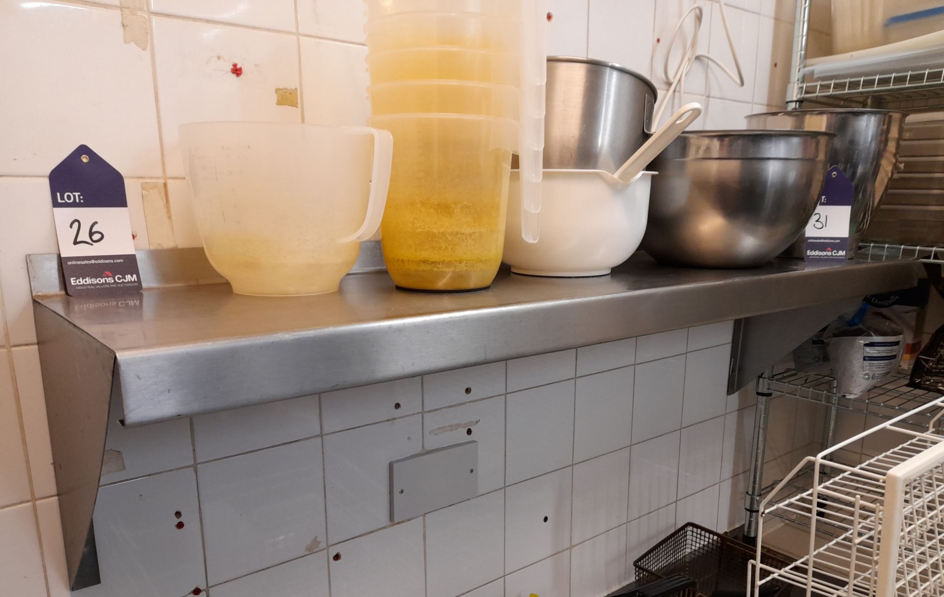 Stainless steel wall mounted shelf (Approximately 1200 x 300), and chrome boltless shelving (