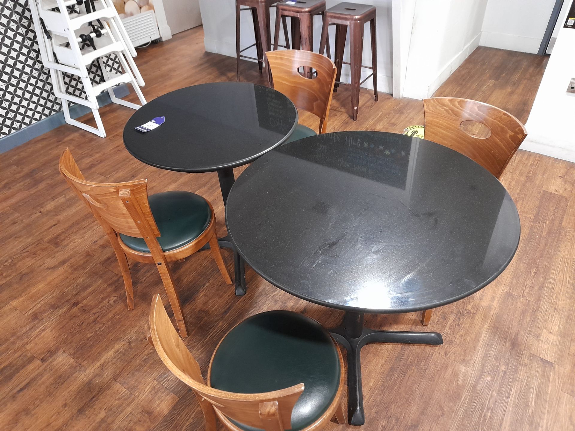 2 x Assorted circular dining tables (Approximately 900 & 750), with 4 x dining chairs