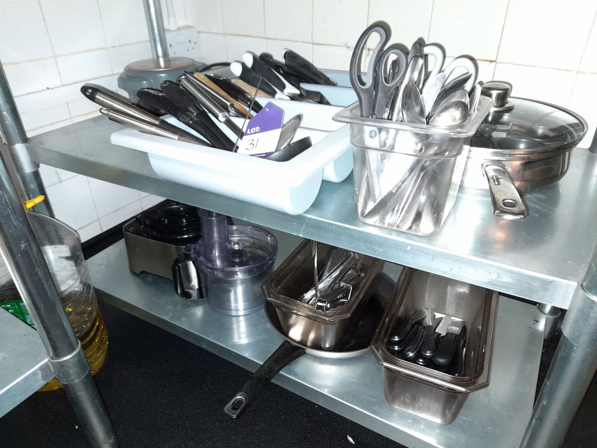 Assortment of kitchen equipment comprising pots, pans, GenWare serving units, chopping boards, and - Image 7 of 8