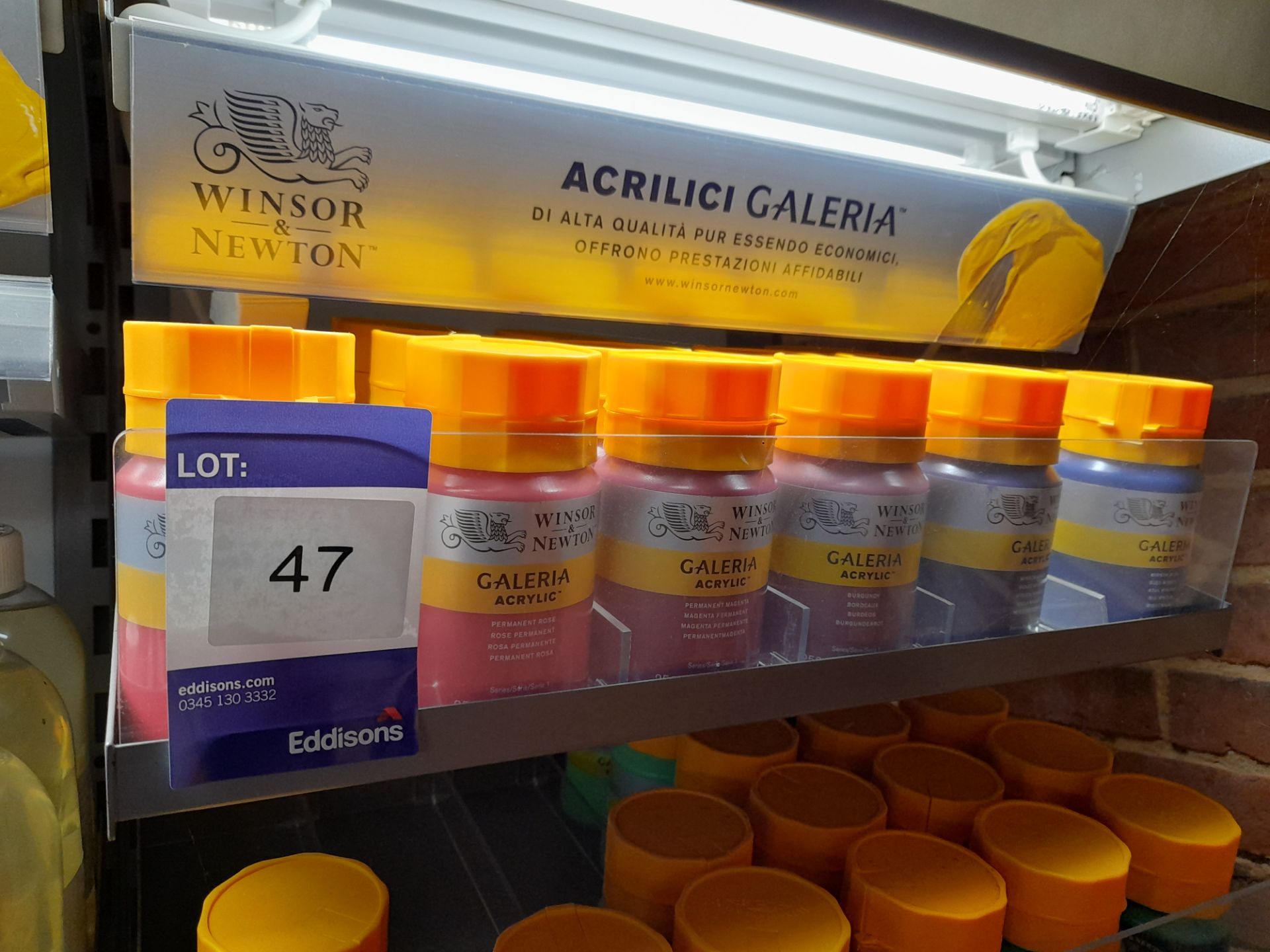 Assortment of Winsor & Newton Galeria acrylic to shelf, various colours, approximately 15 x bottles,