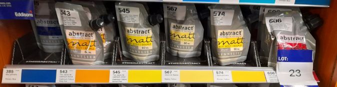 Assortment of Abstract matt acrylic paints to shelf, various colours, approximately 20 x packs