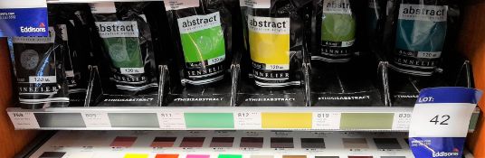 Assortment of Abstract matt acrylic paints to shelf, various colours, approximately 20 x packs