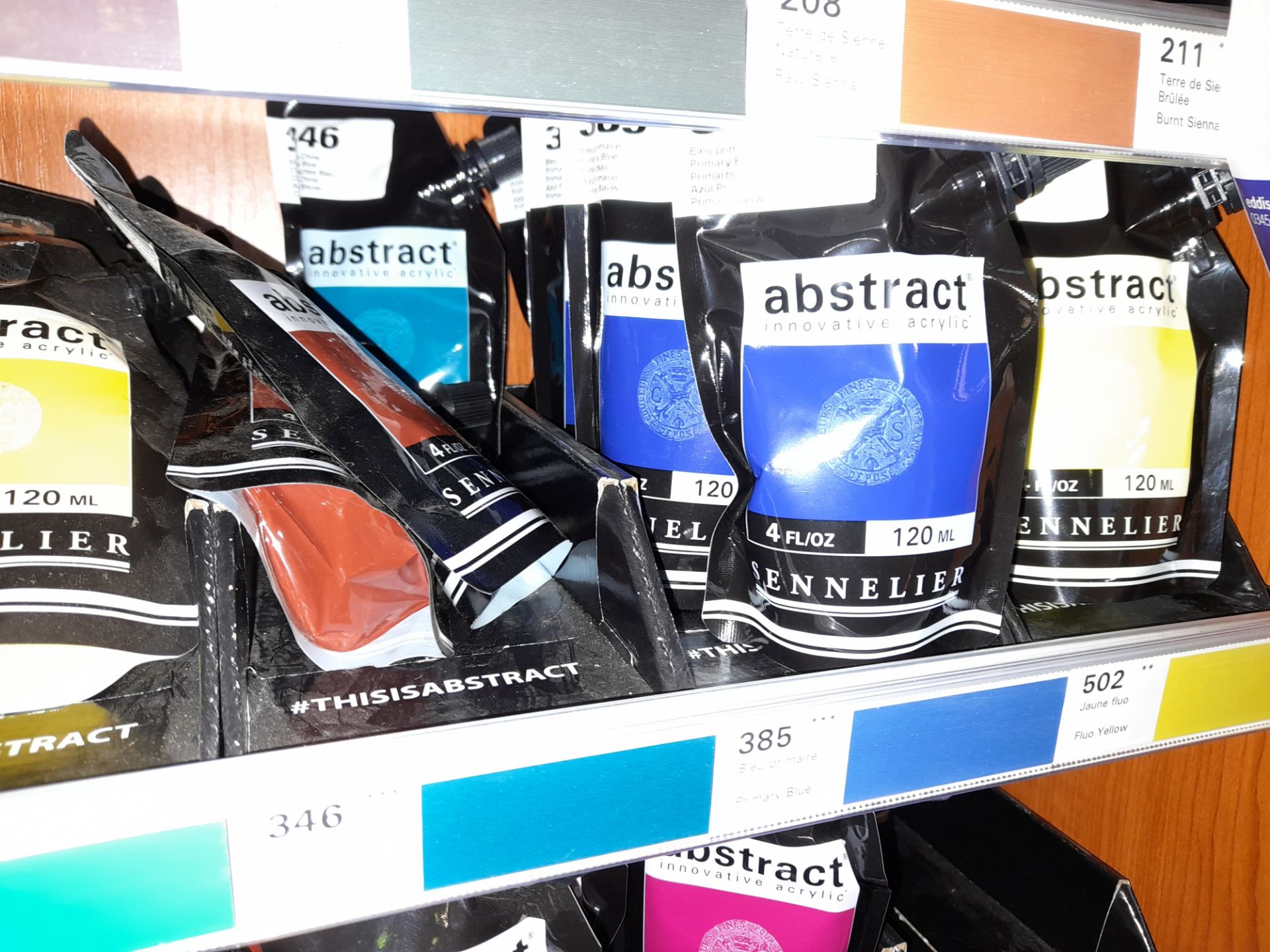 Assortment of Abstract matt acrylic paints to shelf, various colours, approximately 20 x packs - Image 3 of 3