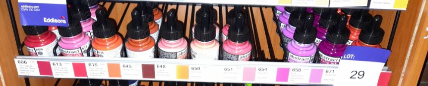 Assortment of Abstract acrylic inks to shelf, various colours, approximately 24 x bottles, RRP £5.95