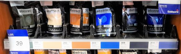 Assortment of Abstract matt acrylic paints to shelf, various colours, approximately 20 x packs
