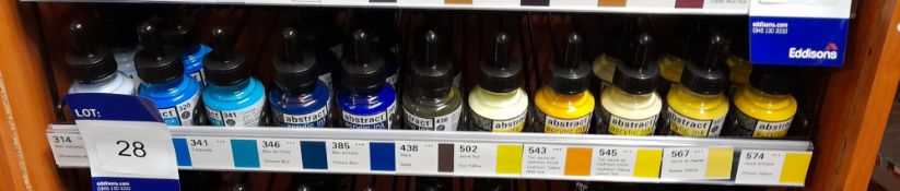 Assortment of Abstract acrylic inks to shelf, various colours, approximately 24 x bottles, RRP £5.95