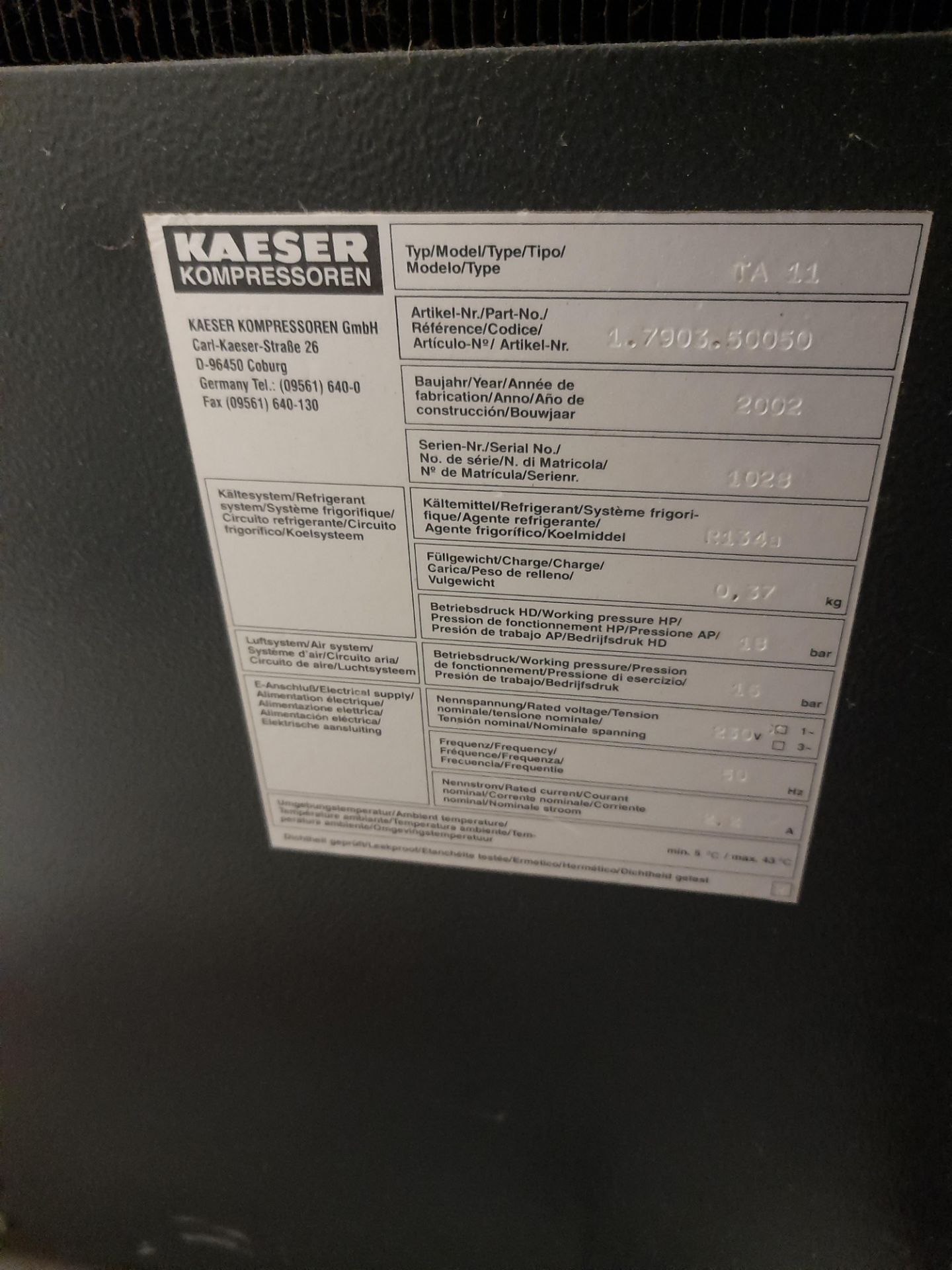 Kaeser HPC Plusair SM11 Air Receiver Mounted Packaged Air Compressor, serial number 2200 with Kaeser - Image 6 of 8