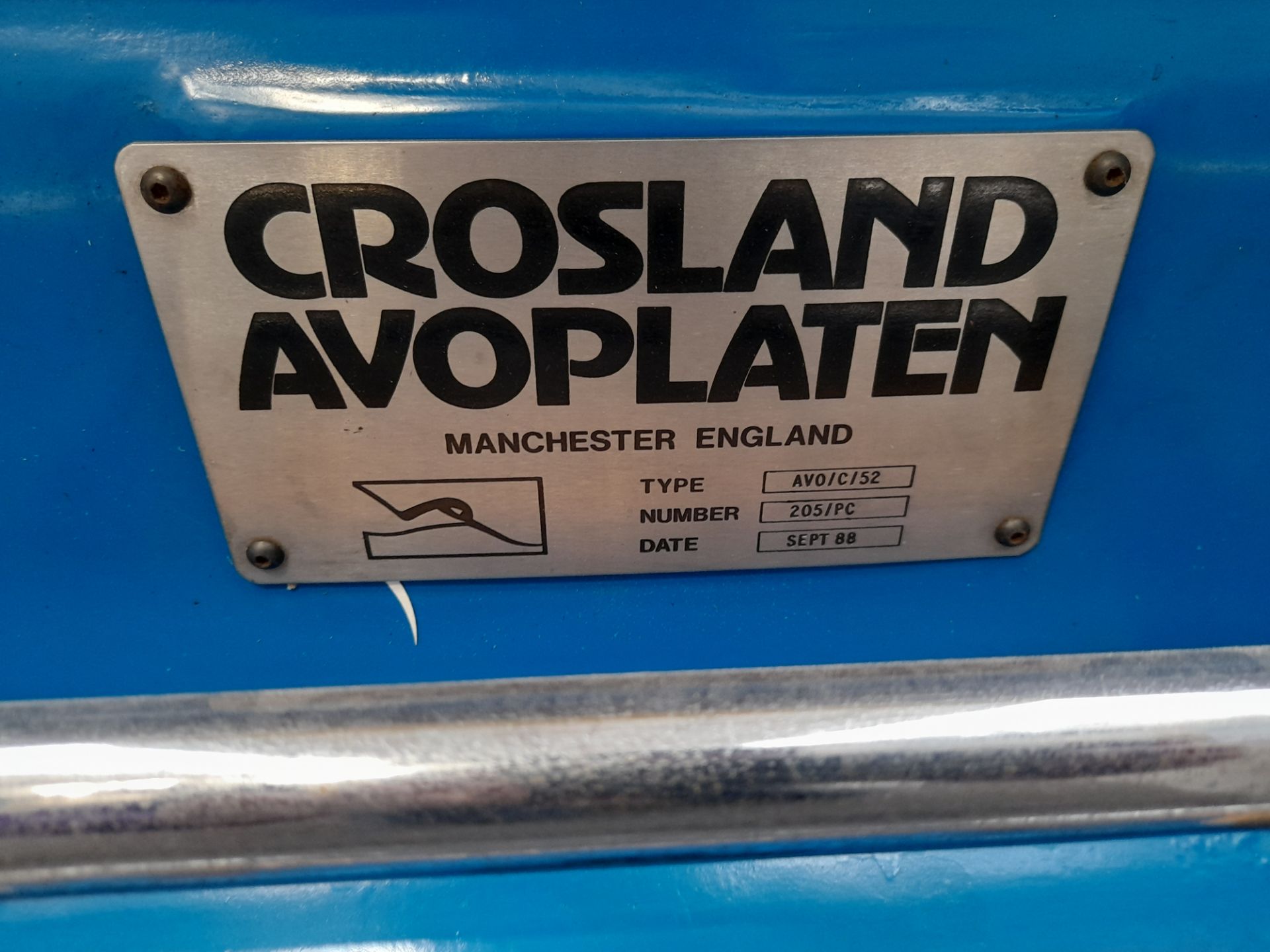 Crosland Avoplaten AVO/C/52 Cutting Platen, number 205/PC, year of manufacture September 1988, - Image 4 of 6