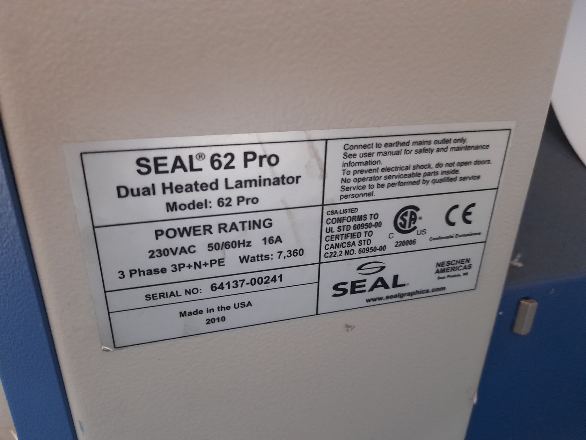 Seal 62 Pro Dual Heated Laminator, three phase, serial number 64137-00241, year of manufacture 2010, - Image 5 of 9