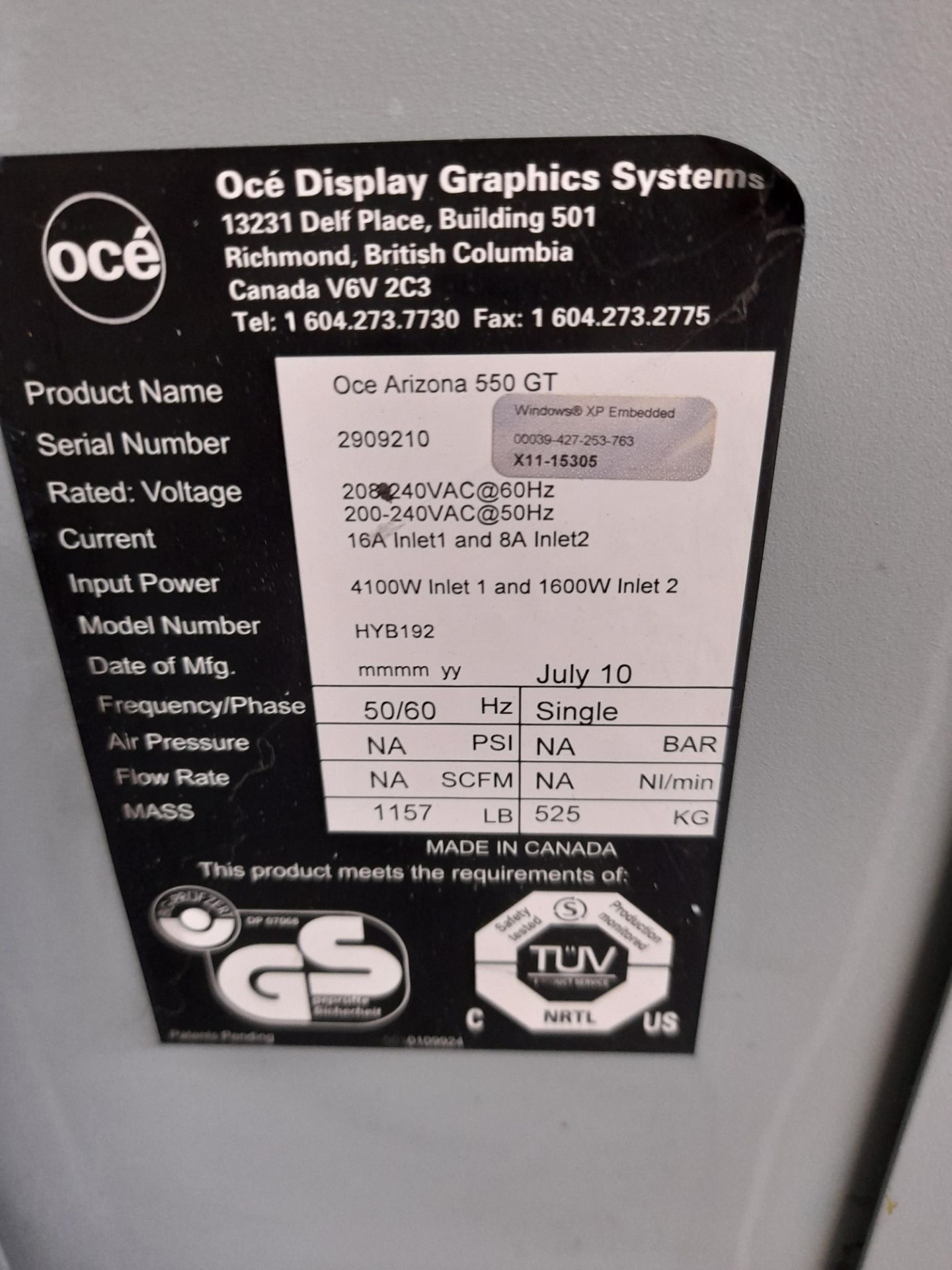 OCE Arizona 550 GT Wide Format Printer, serial number 2909210, year of manufacture July 2010 with - Image 7 of 13
