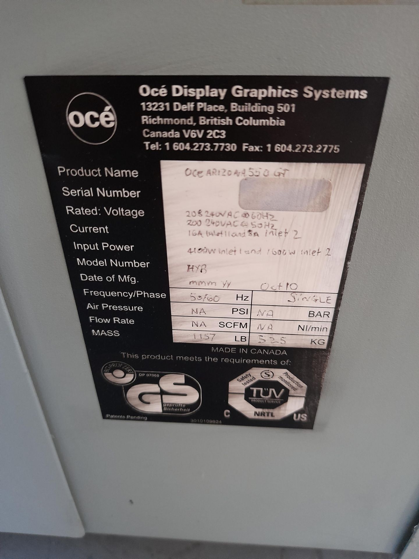 OCE Arizona 550 GT Wide Format Printer, serial number unknown, year of manufacture October 2010 with - Image 8 of 10