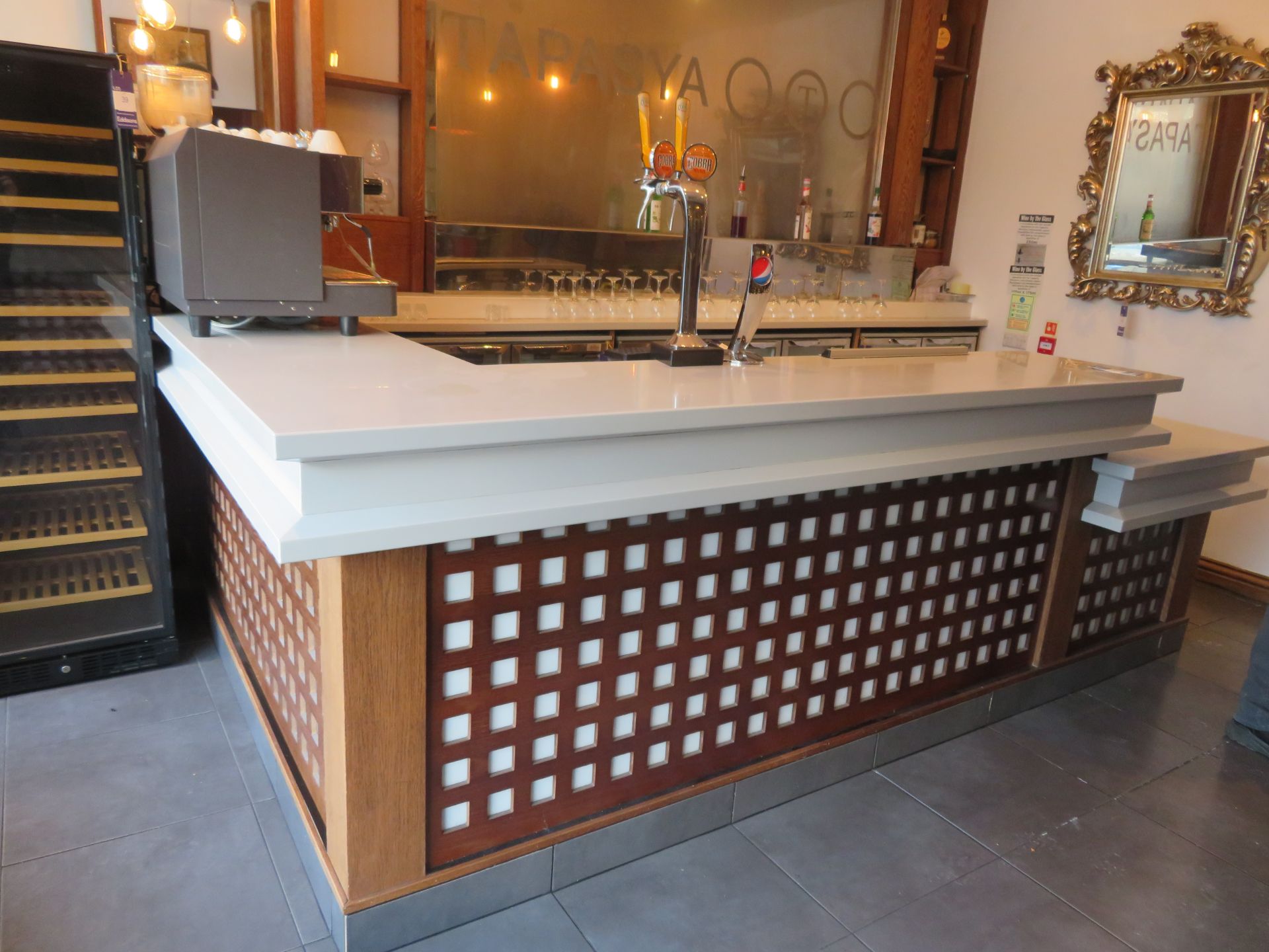 Corian Topped Dark Wood Effect L-Shaped Bar (3350 x 2400mm) with 2 x Sinks, Back Bar Fitting with St - Image 5 of 7