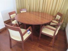 Circular Dining Table (1500mm Dia) and 5 x Cream Upholsterd Darkwood Framed Dining Chairs