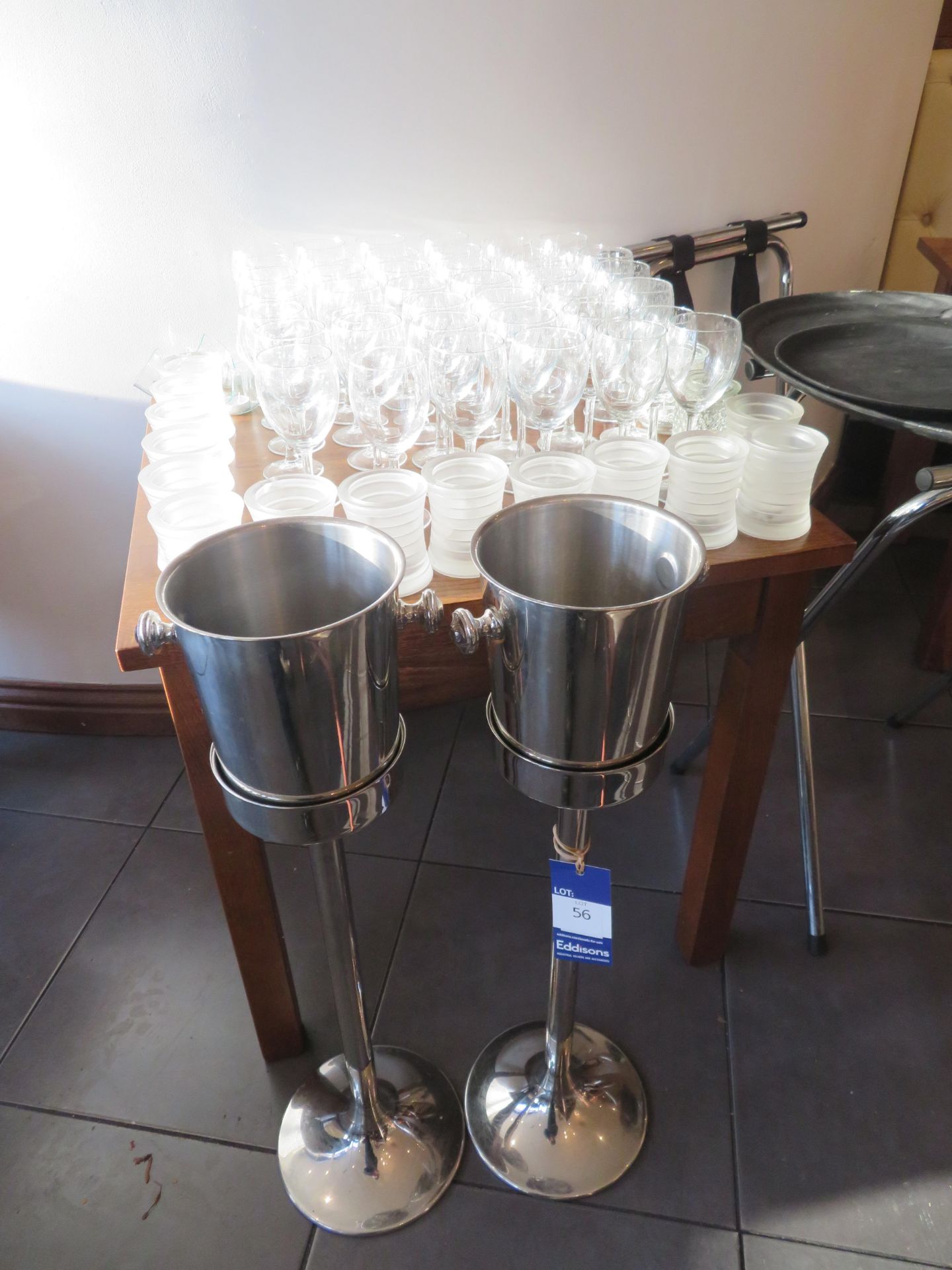 Qty of Glassware, Candle Holders, 2 x Pedestal Wine Buckets, Butlers Trays and 2 x Stands