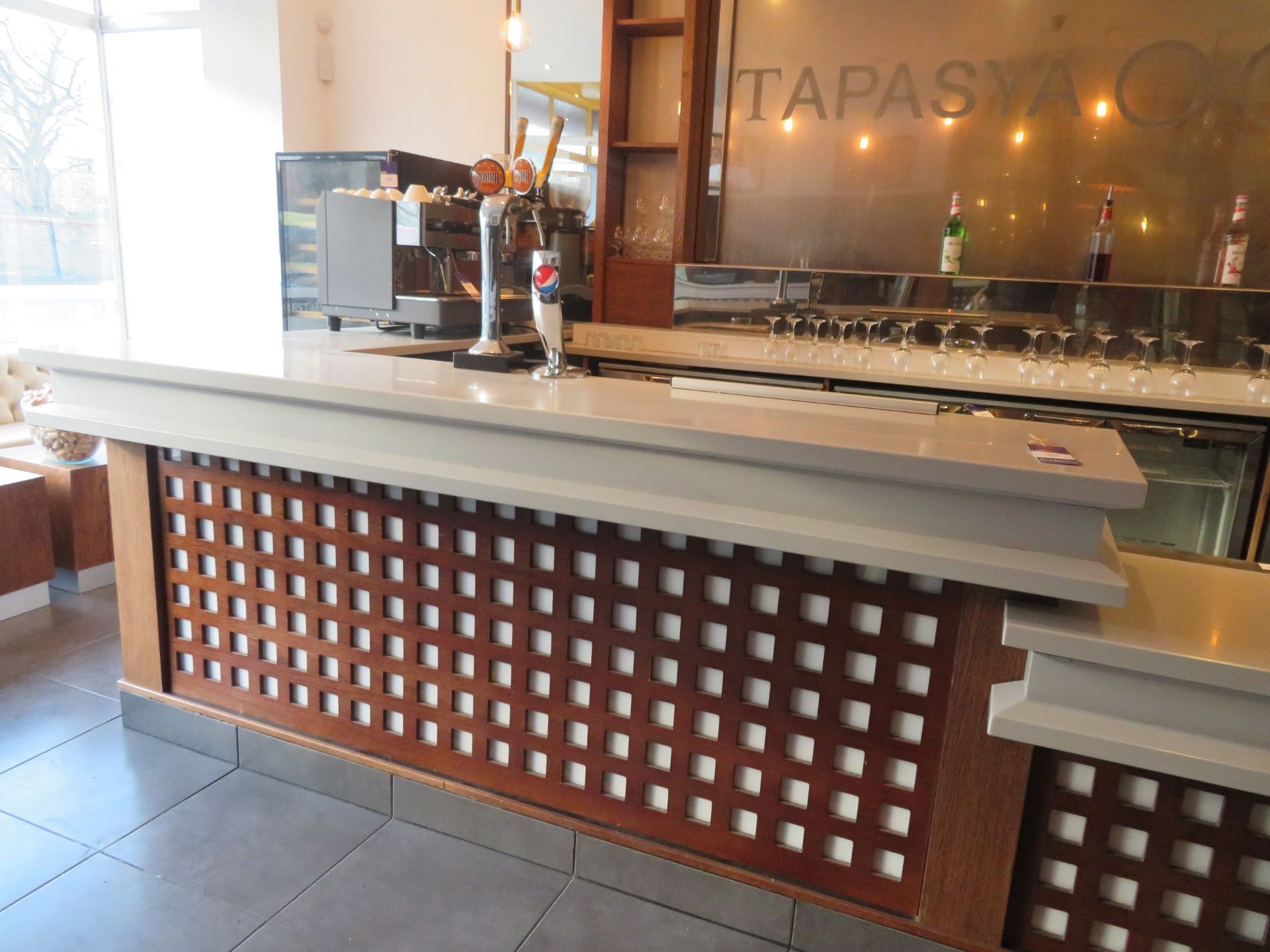 Corian Topped Dark Wood Effect L-Shaped Bar (3350 x 2400mm) with 2 x Sinks, Back Bar Fitting with St - Image 3 of 7