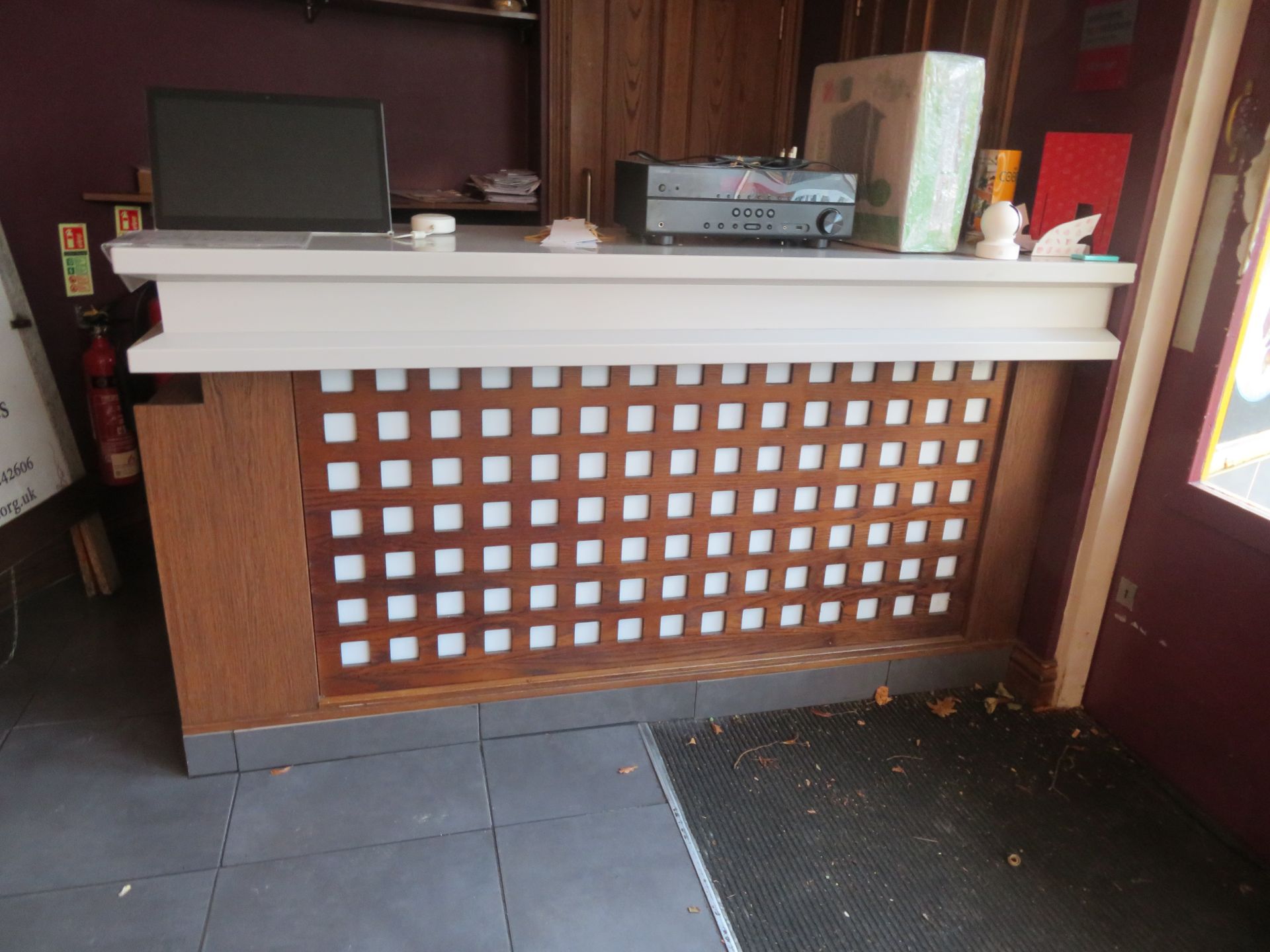 Corian Topped Dark Wood Effect L-Shaped Bar (3350 x 2400mm) with 2 x Sinks, Back Bar Fitting with St