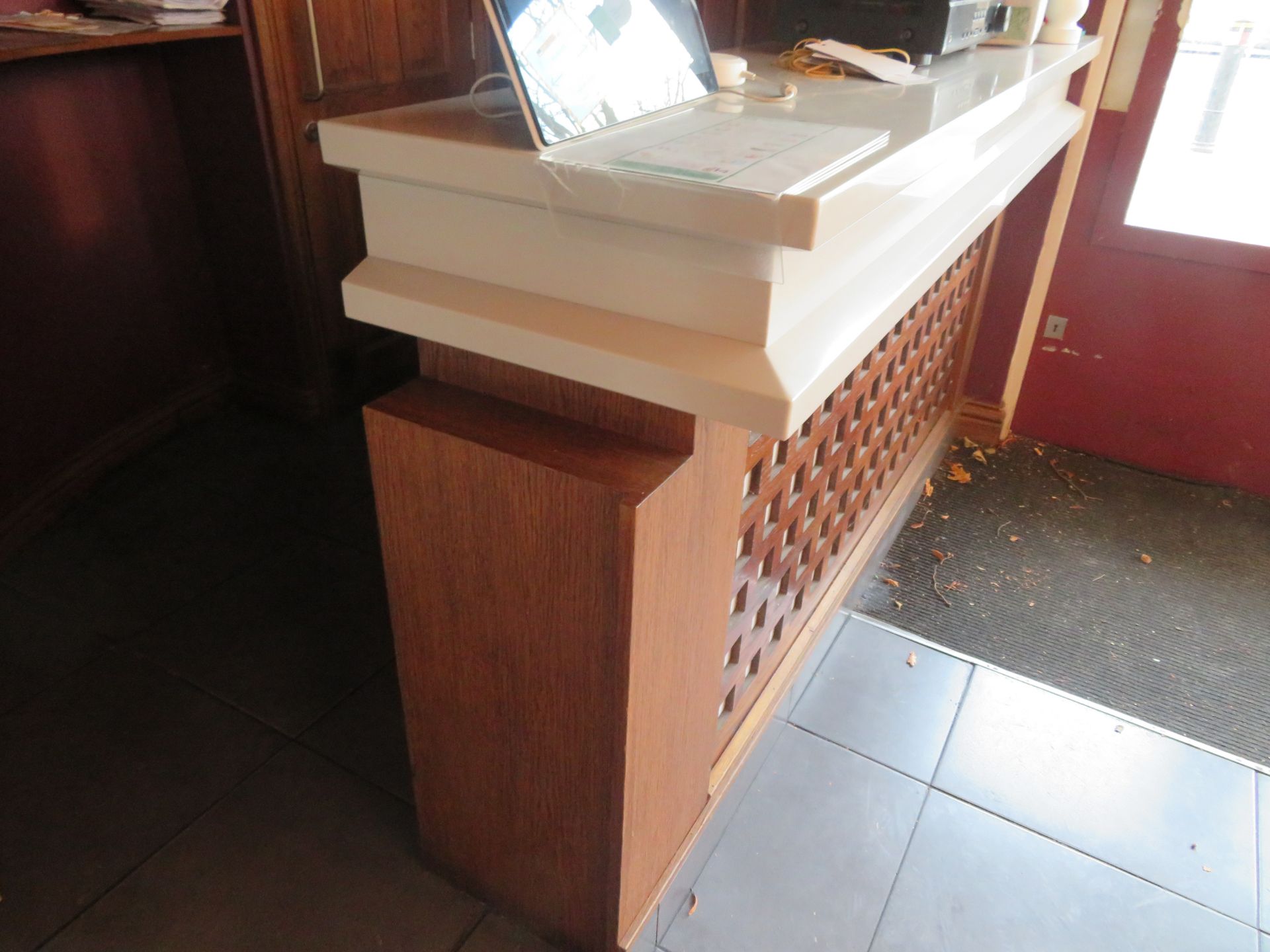 Corian Topped Dark Wood Effect L-Shaped Bar (3350 x 2400mm) with 2 x Sinks, Back Bar Fitting with St - Image 2 of 7