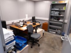 Contents to warehouse office, to include 2 x oak effect rectangular cantilever desks, 5 x various
