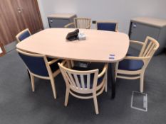 Light oak effect shaped meeting room table, with 6 x assorted wooden framed chairs, to first floor