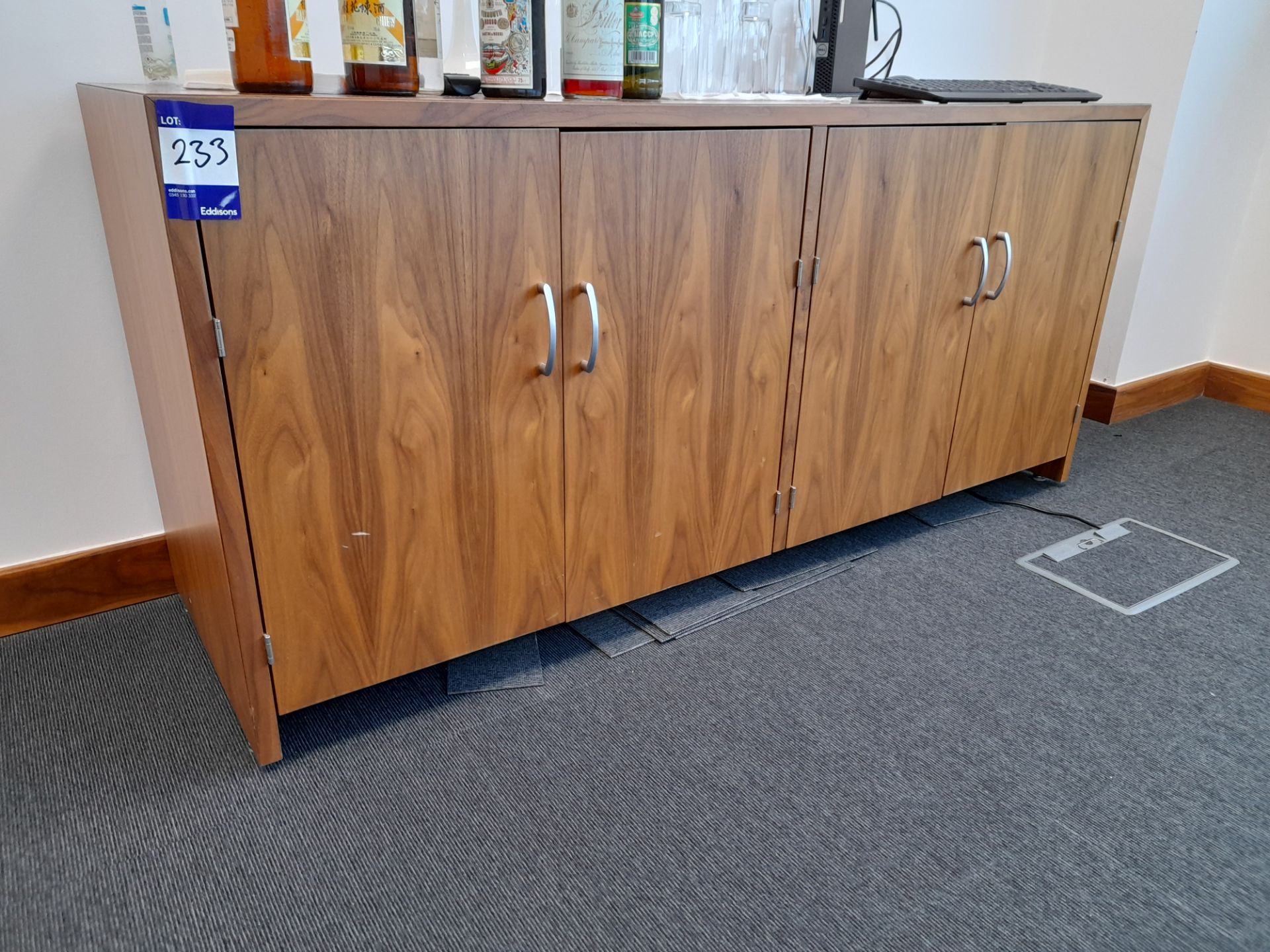 Walnut effect 4 door sideboard (1600 x 730 x 500), to first floor boardroom (Contents not included)